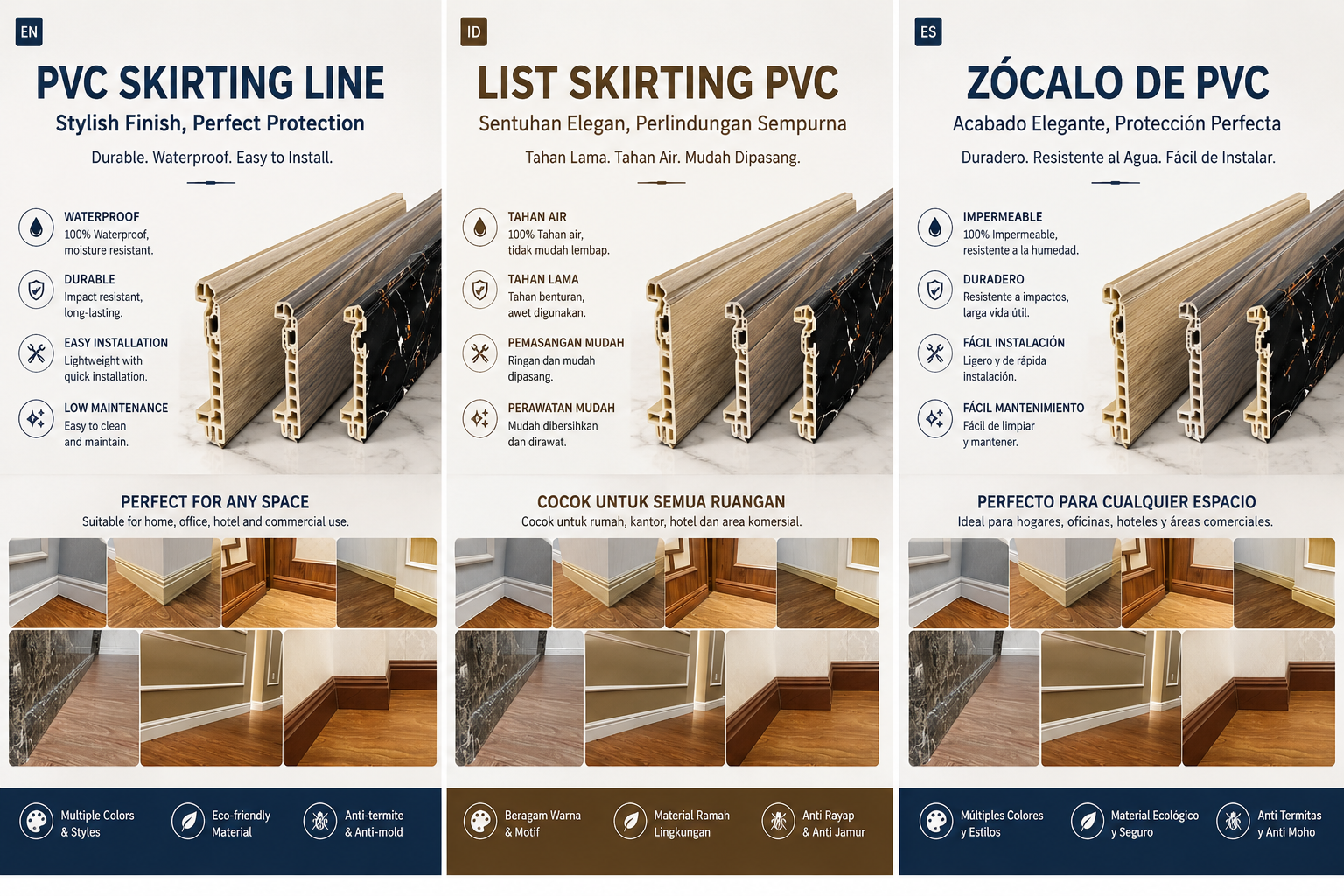 PVC skirting line collection for waterproof architectural edge finishing